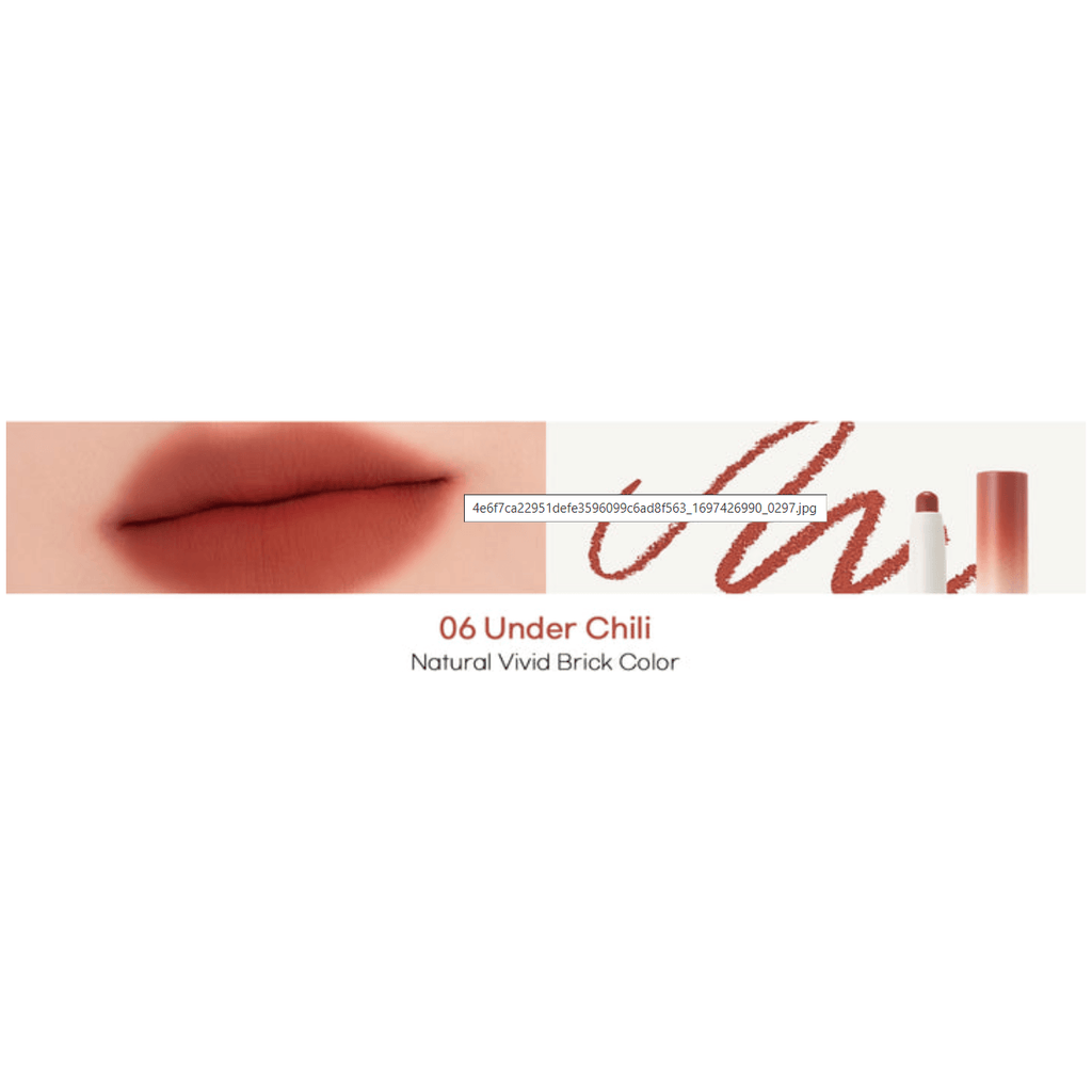 rom&nd Lip Mate Pencil in Under Chili shade, showcasing natural vivid brick color for enhanced lips.
