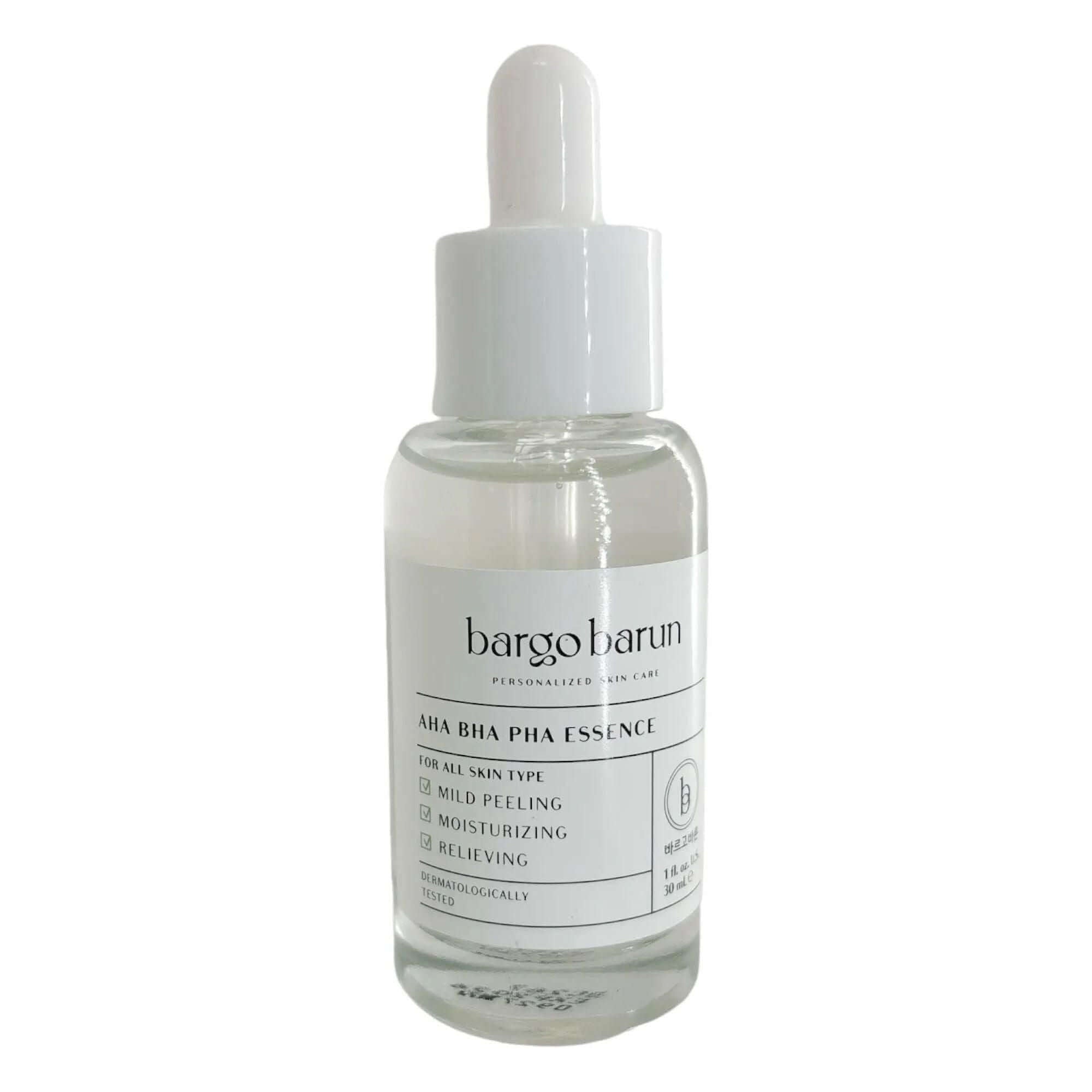 BARGO BARUN AHA BHA PHA Essence 30ml in a clear bottle with dropper for skin care and peeling benefits.