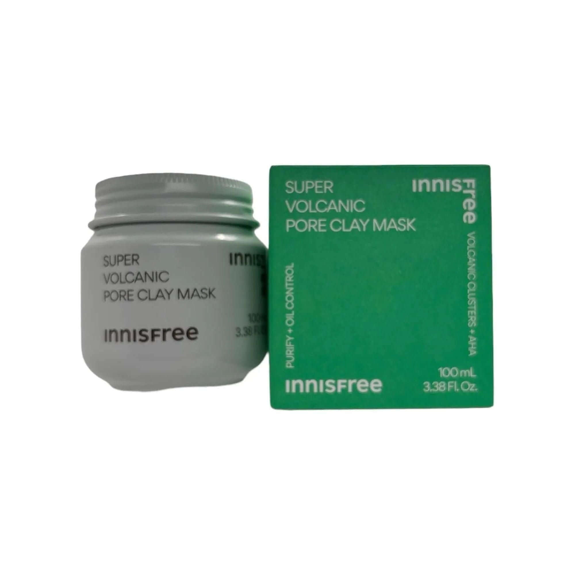 innisfree - Super Volcanic Pore Clay Mask product packaging and jar on a white background