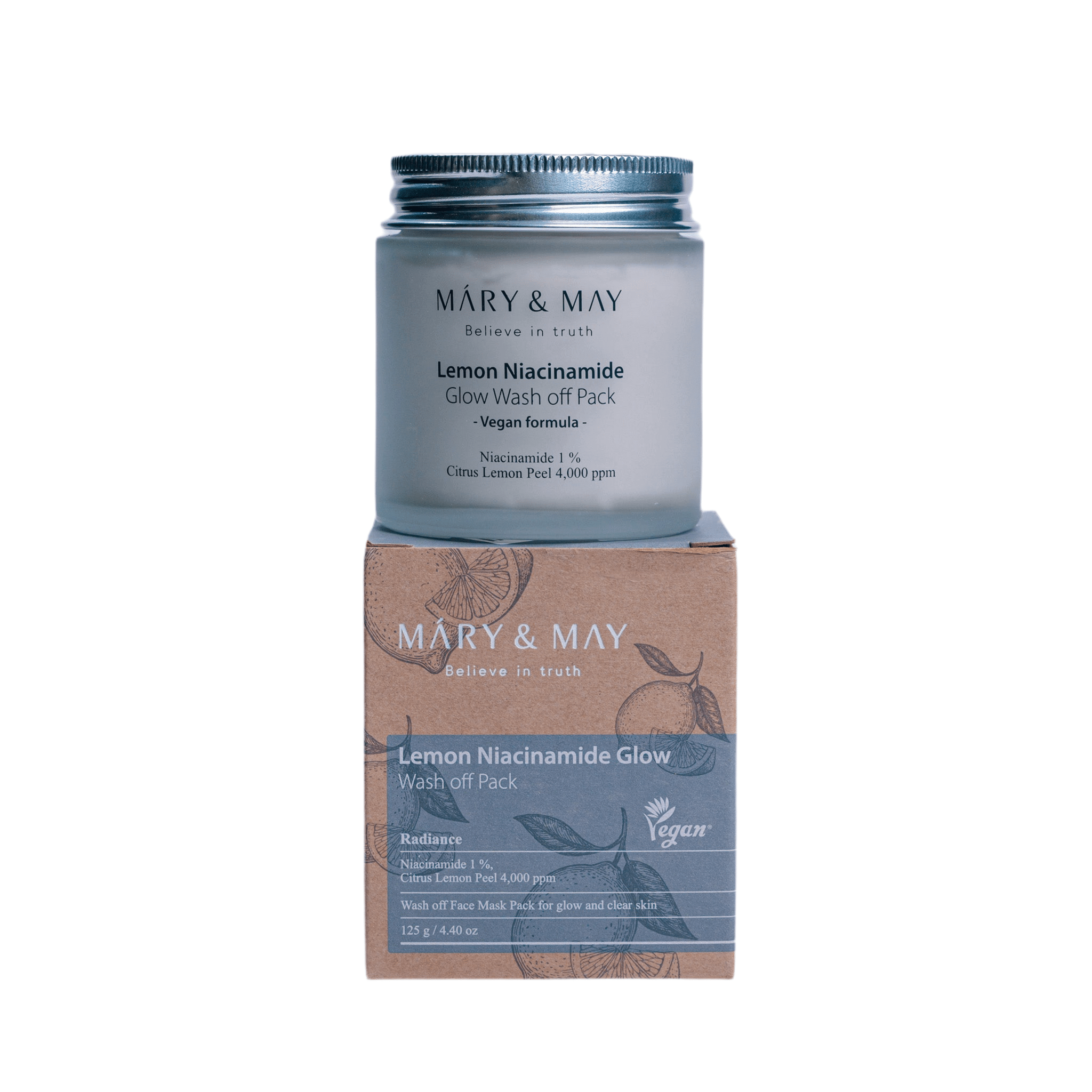 MARY & MAY Lemon Niacinamide Glow Wash Off Pack 125g in a jar with packaging, highlighting vegan formula and brightening ingredients.