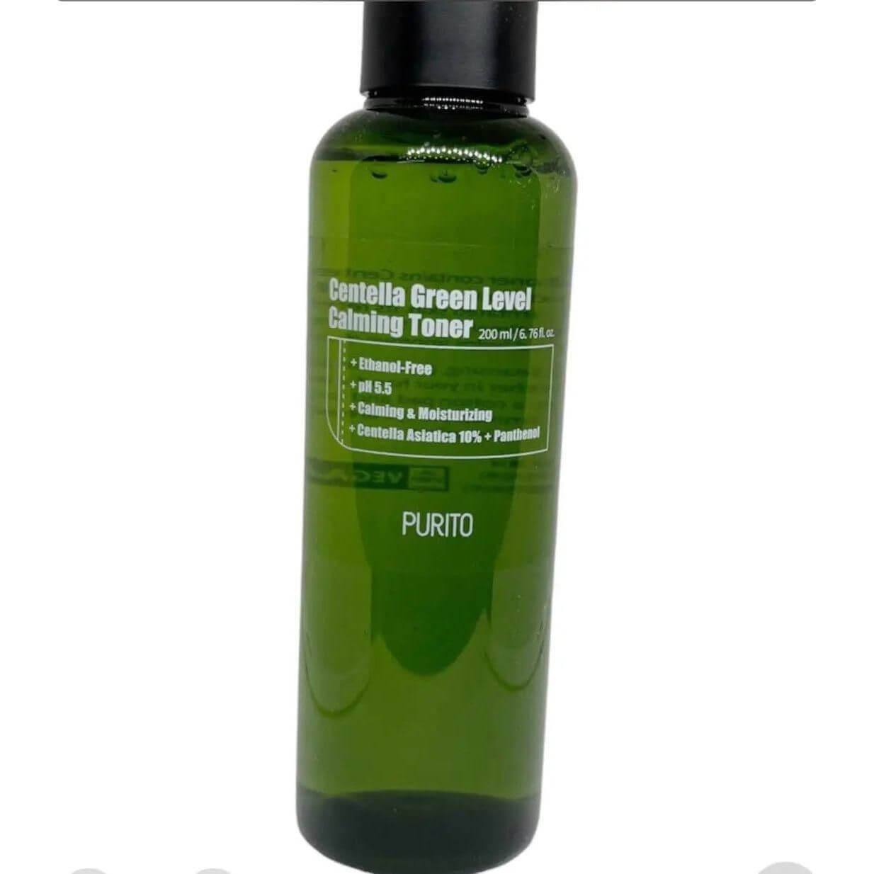 PURITO - Centella Green Level Calming Toner 200ml in green bottle with calming features displayed.