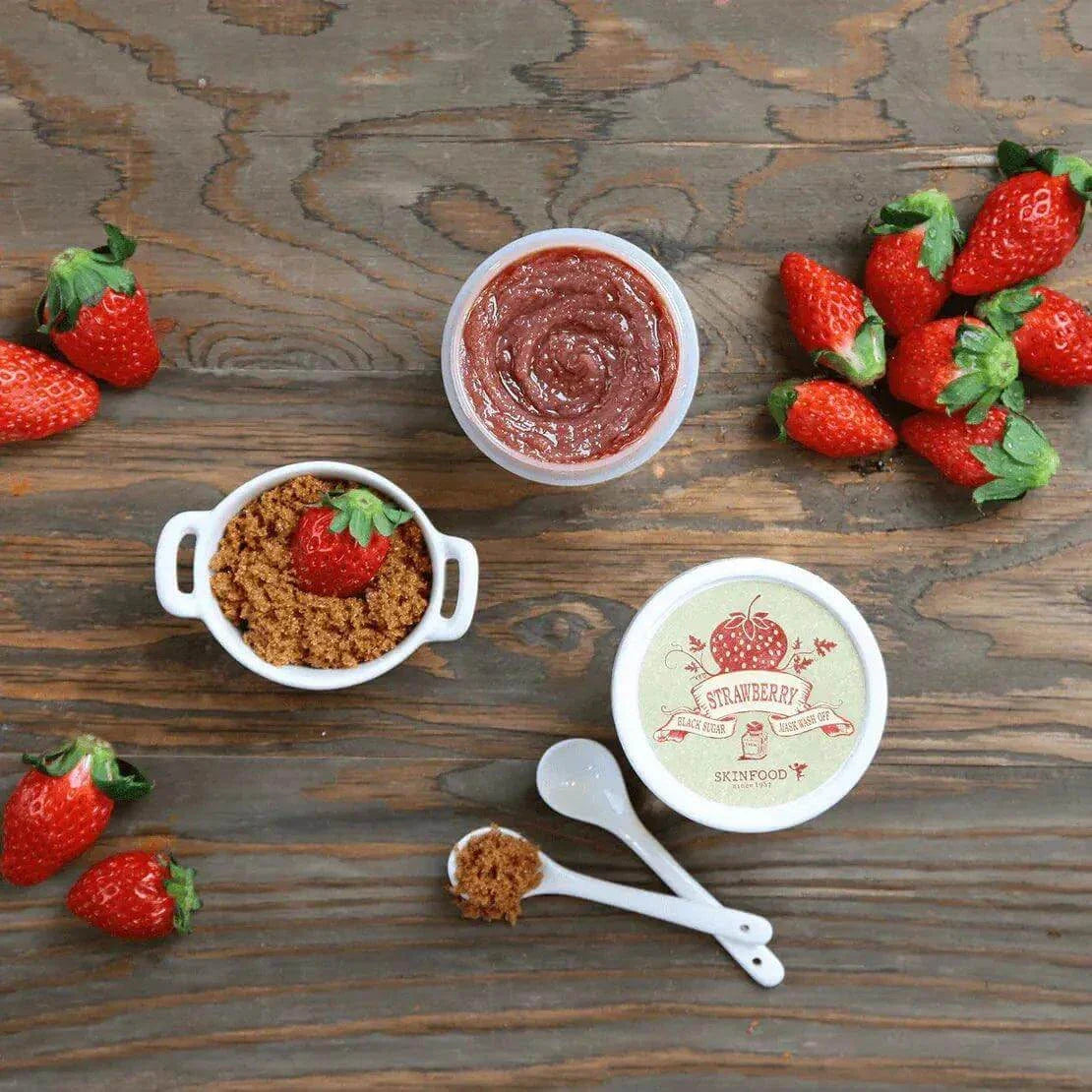 SKINFOOD Black Sugar Strawberry Mask Wash Off 100g with fresh strawberries and exfoliating black sugar.