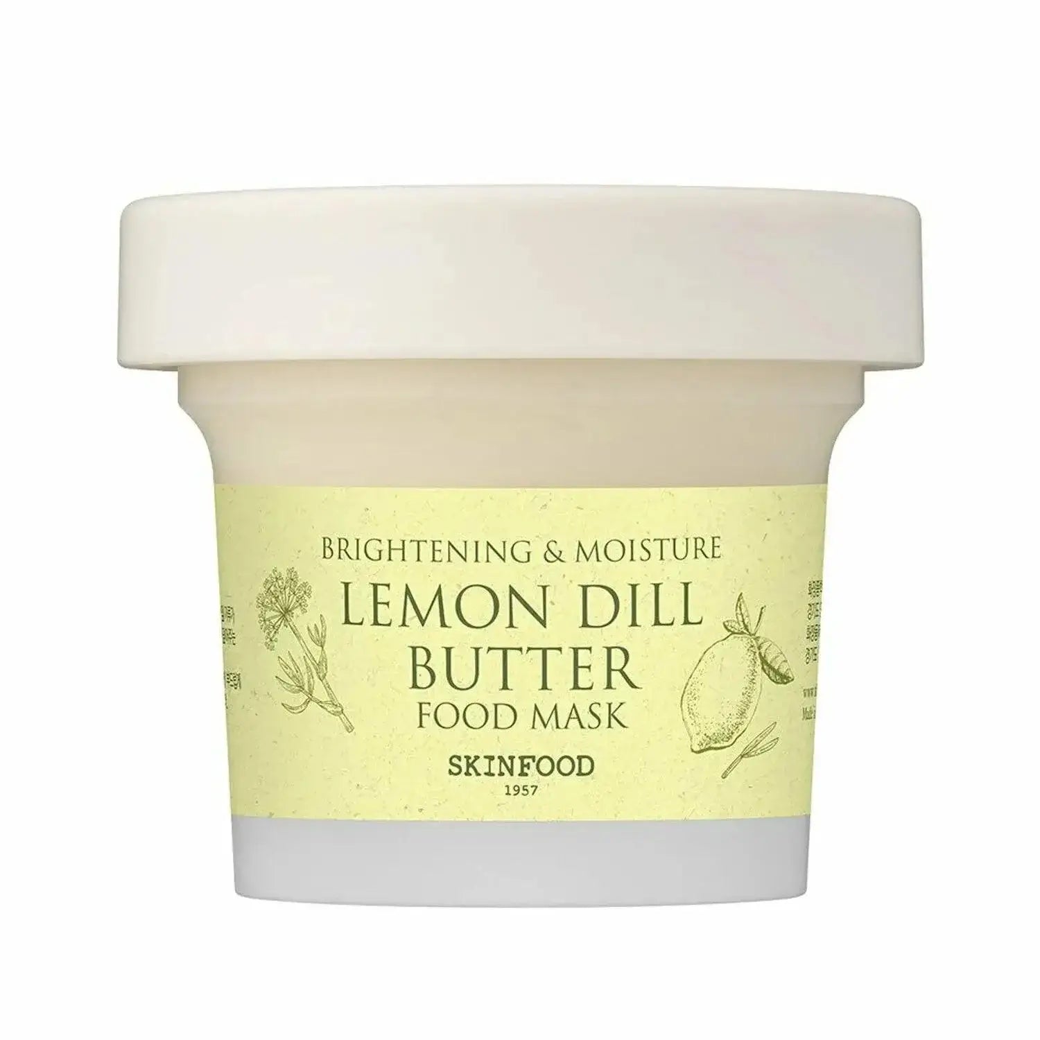 SKINFOOD Lemon Dill Butter Food Mask 120g in a jar, designed for brightening and moisturizing skin.