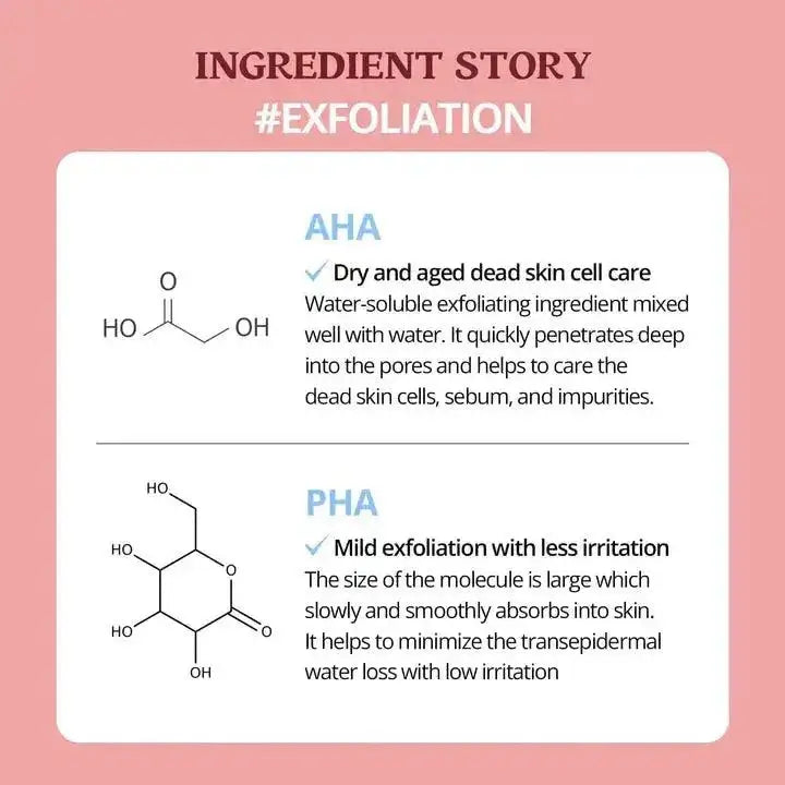 Ingredient story featuring AHA and PHA benefits for exfoliation and skin care.