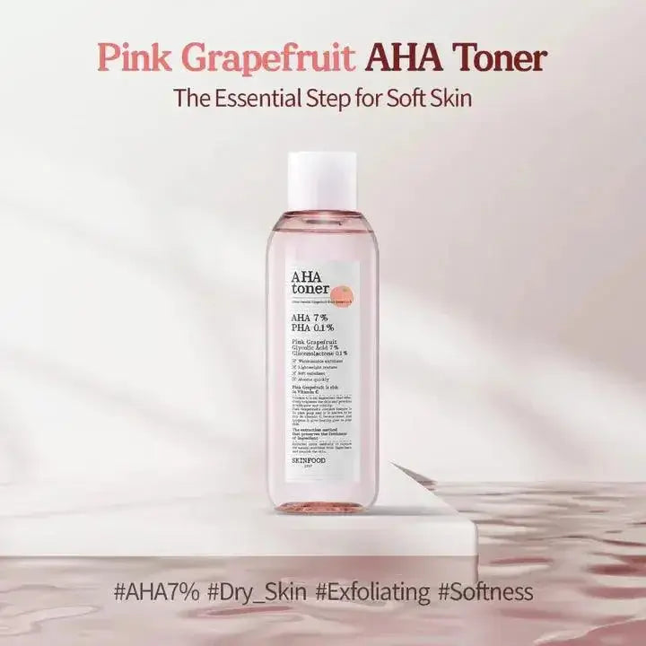 SKINFOOD Pink Grapefruit AHA Toner 200ml bottle with label promoting exfoliation for soft skin.