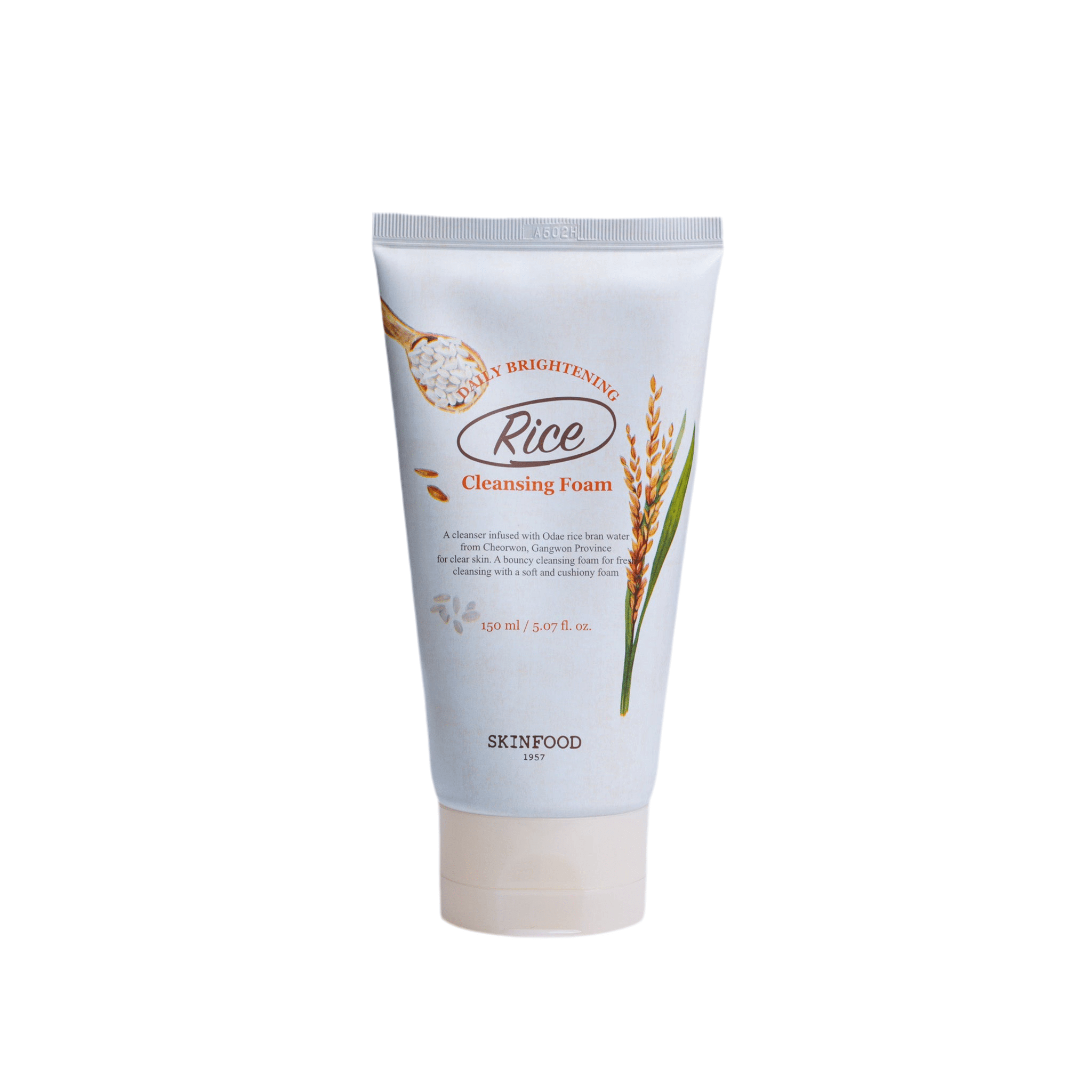 SKINFOOD Rice Daily Brightening Cleansing Foam 150ml packaging with rice and cleansing foam details.