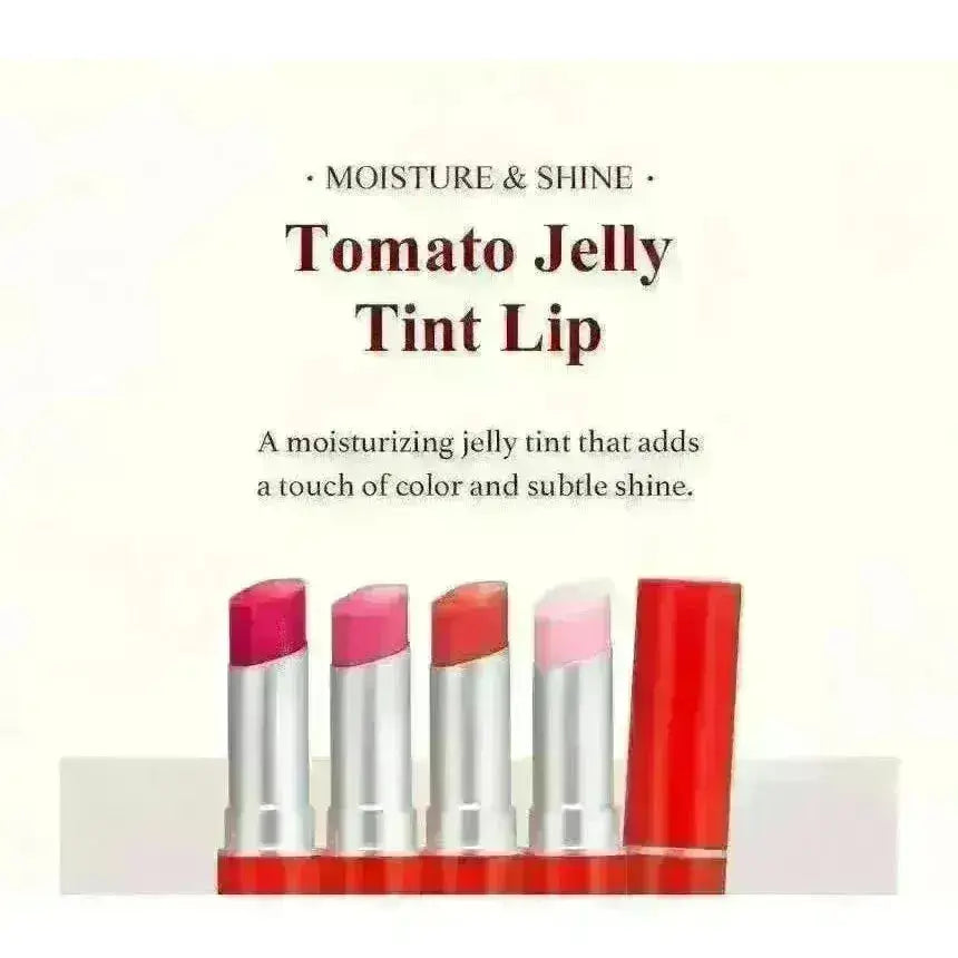 SKINFOOD - Tomato Jelly Tint Lip (4 Colors) showcasing four vibrant jelly tint lip colors with moisture and shine effect.