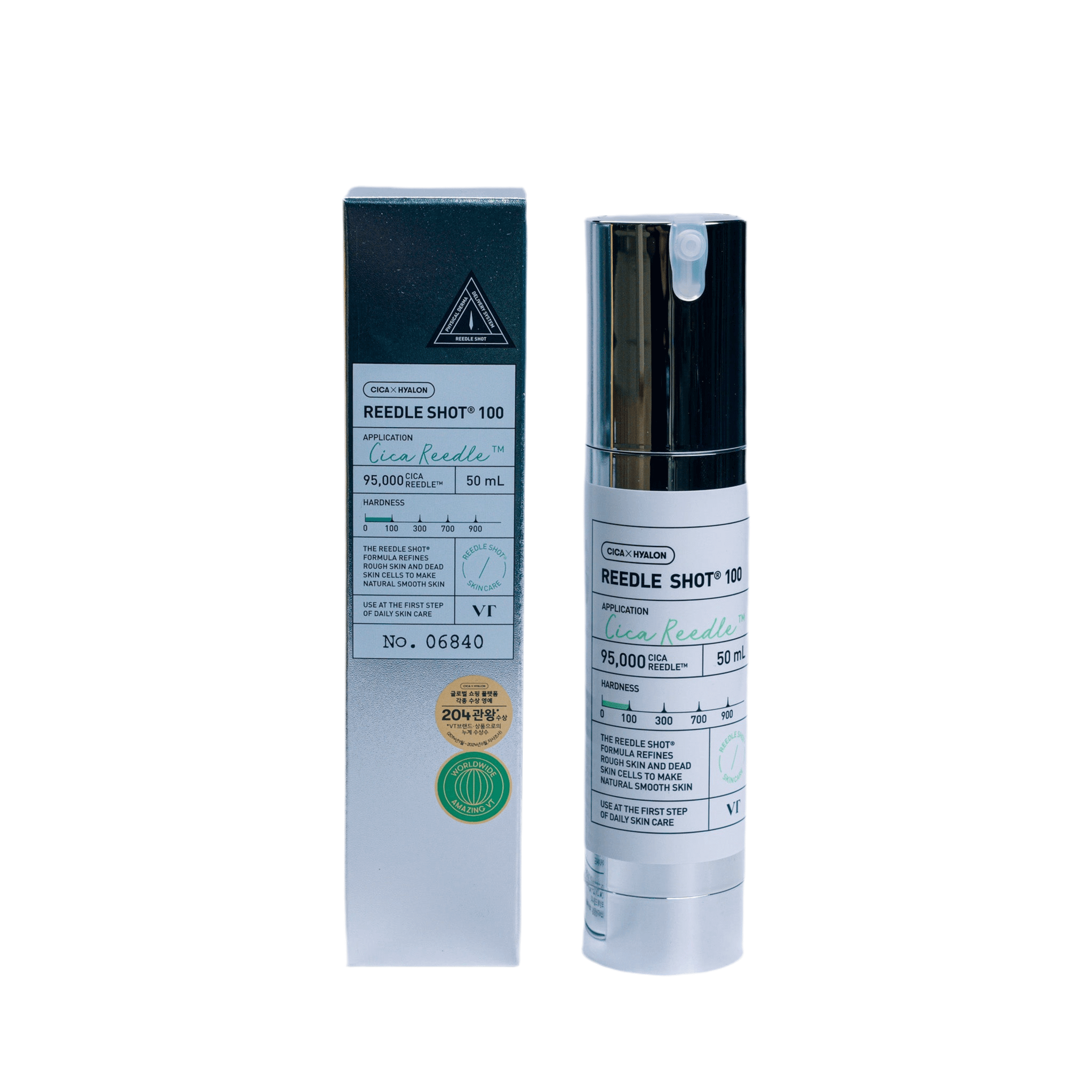 VT Reedle Shot 100 Micro-needlelike Anti-aging product in a bottle and box, designed for youthful skin.